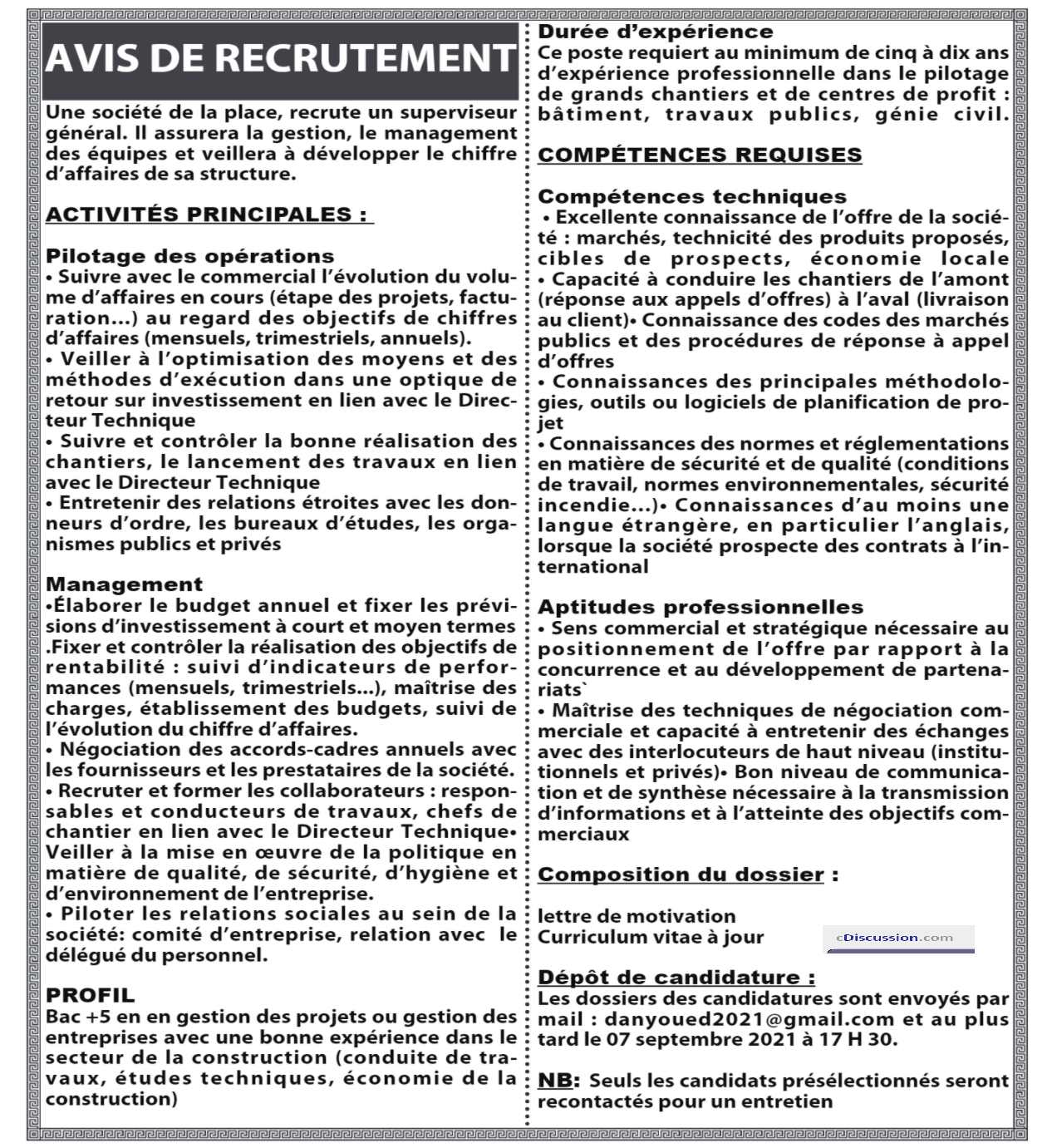 Une Soci T De La Place Recrute Superviseur G N Ral Concoursn