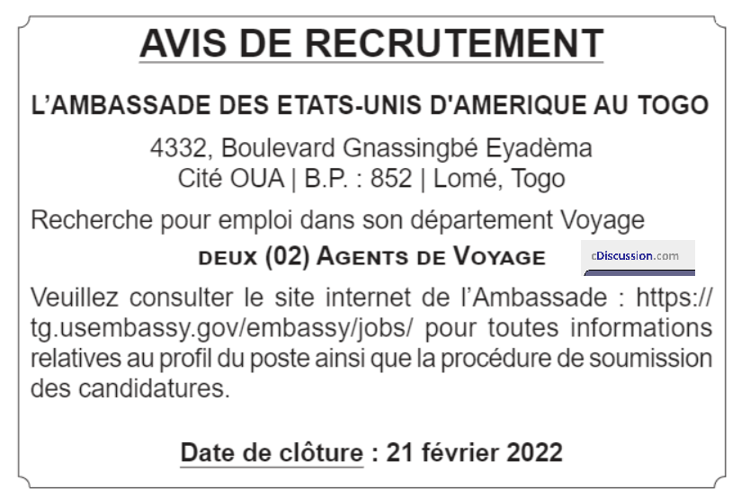 Ambassade Des Etats Unis Au Togo Recrute Agents De Voyage