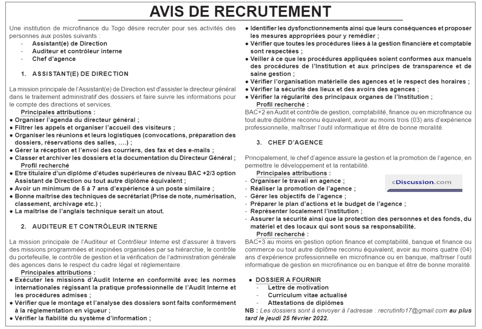 Une Institution De Microfinance Du Togo Recrute Assistant E De