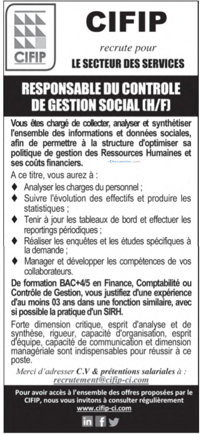 CIFIP recrute 01 Responsable du contrôle de gestion social H F