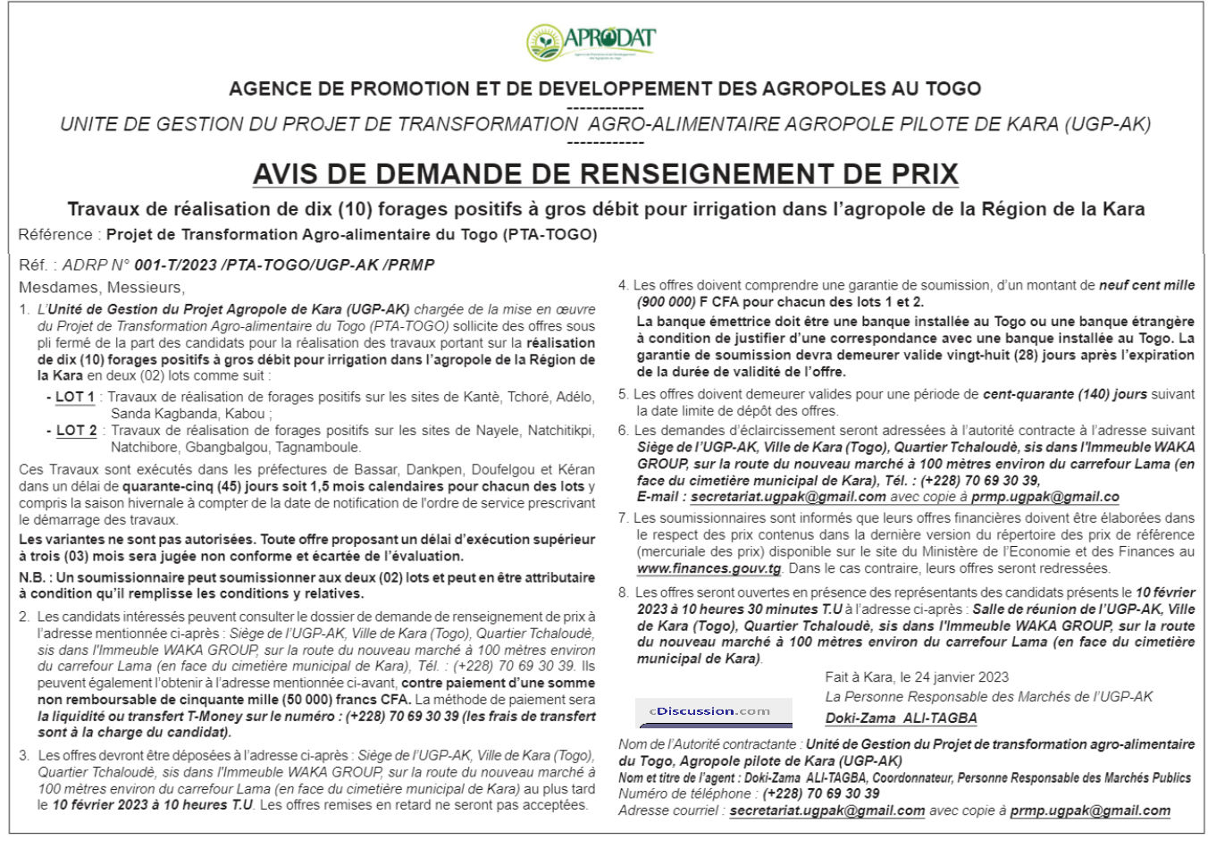 Avis De Demande De Renseignement De Prix Relatifs Aux Travaux De