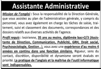 Raynal et Fadika RH recrute 01 Assistante Administrative 