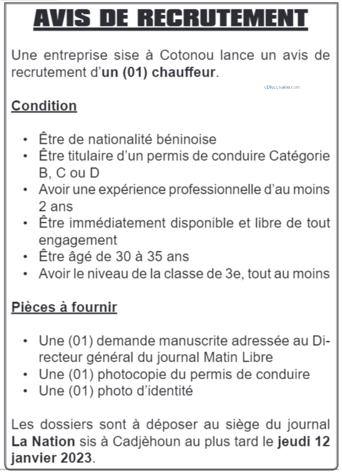 Une Entreprise De La Place Recrute Chauffeur Tre De Nationalit B Ninoise Concoursn Com